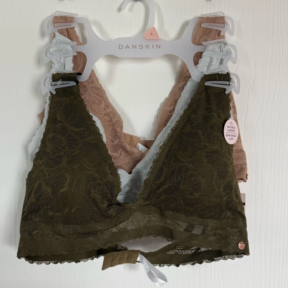 Danskin Lace Bralette Trio - Olive, Tan, Gray - Picture 1 of 7